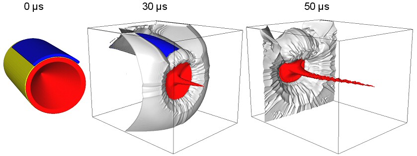 3d Euler-Simulation of an asymmetric shaped charge.